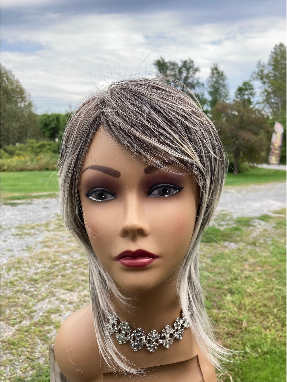 Women’s Gray Silver Layered Shag Wig Side Bangs Synthetic Adjustable